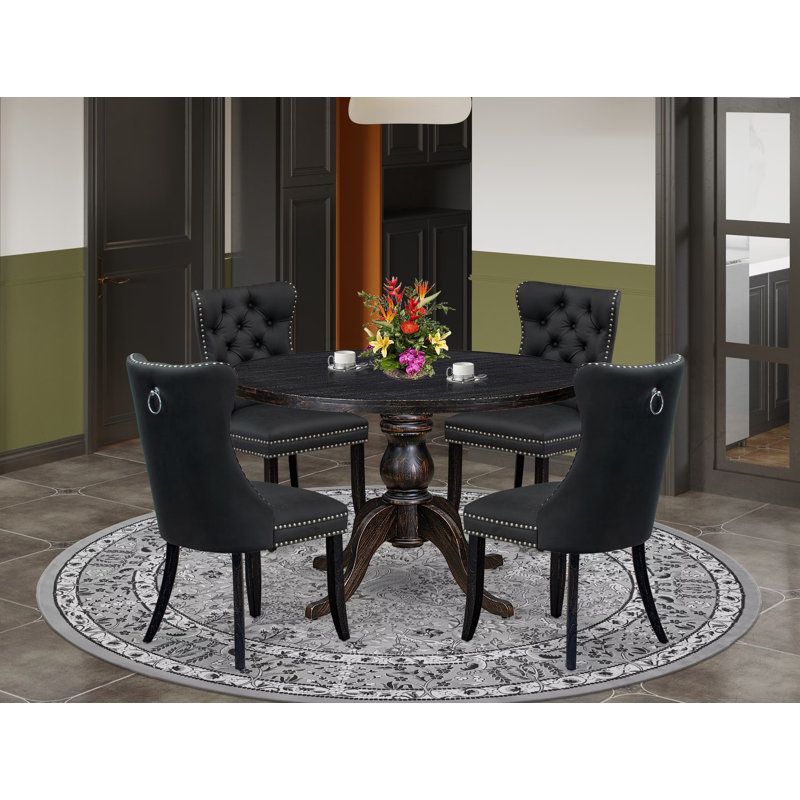 Ensemble de salle à manger moderne 5 pièces avec similicuir 4 chaises de salle à manger gris foncé, dossier capitonné et table ronde de 48 po au fini noir sablé.