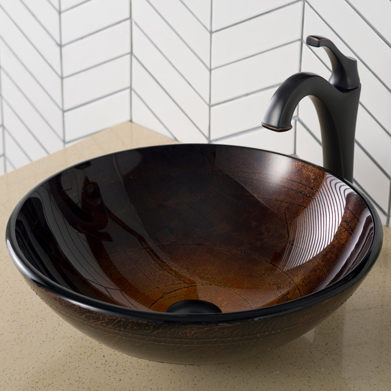 Glass Circular Vessel Bathroom Sink with Faucet, Oil Rubbed Bronze