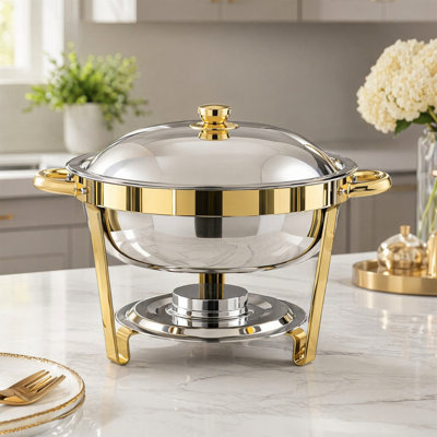 4-Pack 5 QT 18/8 Stainless Steel Chafing Dish, Gold Accent Buffet Warmer, Screw-Assembly Frame, Stackable