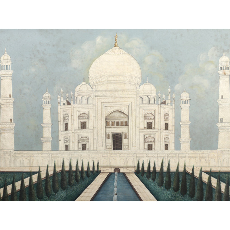 Énorme peinture du Taj Mahal encadrée dans un cadre en teck rétro | Huile sur toile et bois de teck
