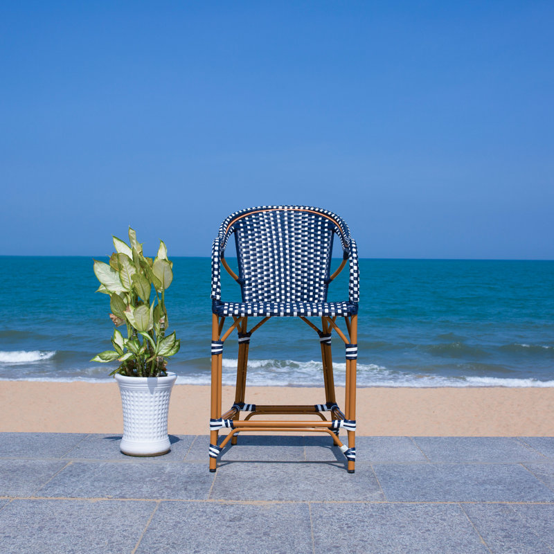Popplewell 42.5'' Outdoor Bar Stool, Navy/White