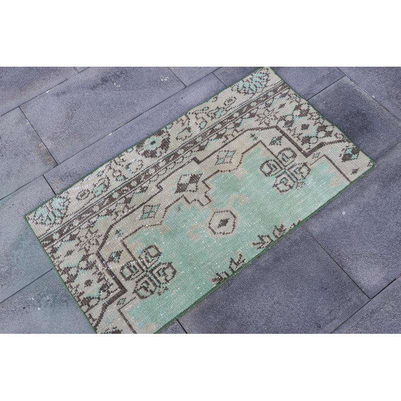 Authentic Vintage Turkish Oushak Rug - Small Green Bath Mat for Entry in Boho Style