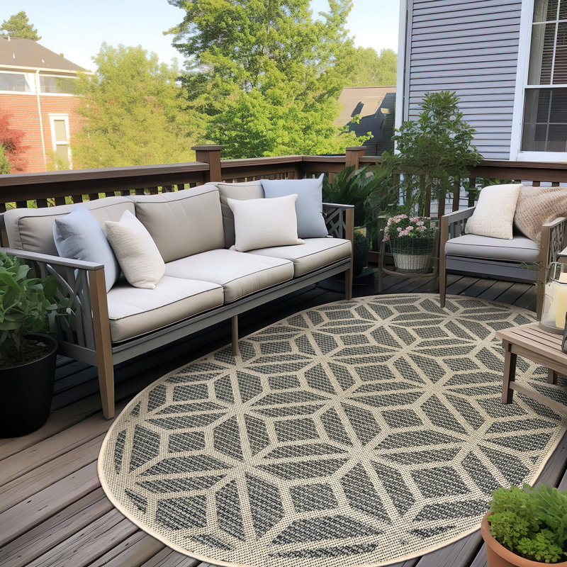 Pissouri Geometric Blue/Gray/Ivory Indoor & Outdoor Area Rug, Oval 5' x 7'