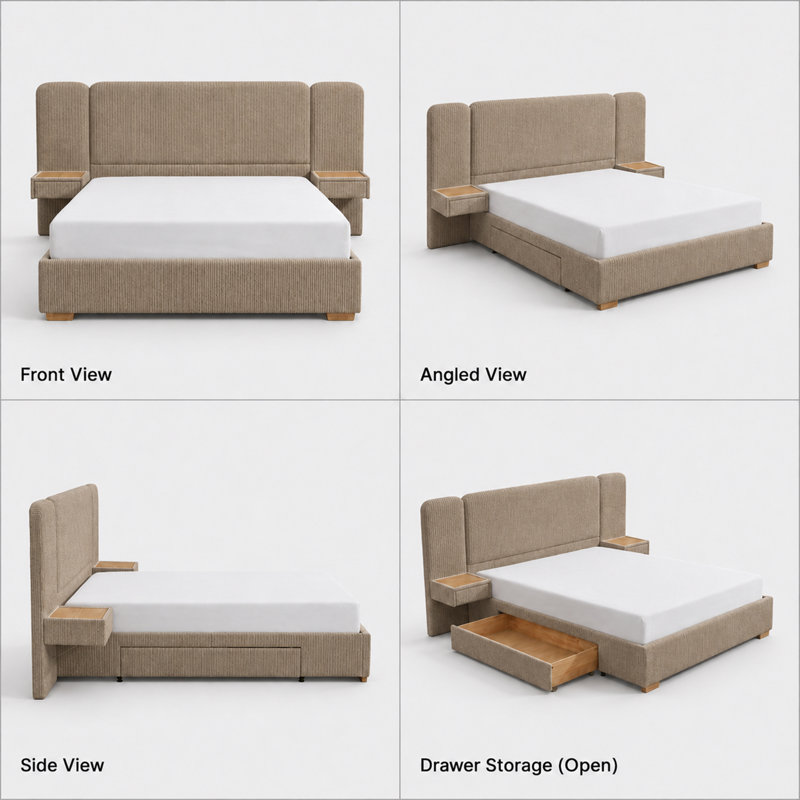 Chenille Upholstered Platform Bed with Built-In Nightstands and 2 Storage Drawers, Brown, Queen