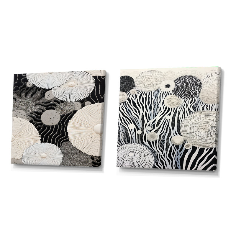«Corals River» noir et blanc abstrait - ensemble de 2 collages carrés abstraits, Toile tendue, H 30 po x l 61 po