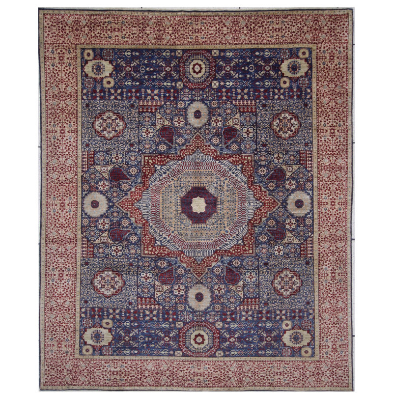 Tapis unique rouge, bleu marine et bleu de 7 pi 11 po x 9 pi 9 po