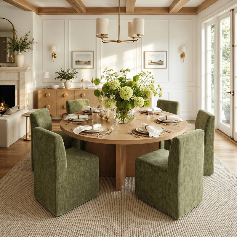 Ensemble de table de salle à manger 7 pièces avec chaises rembourrées entièrement assemblées sur roulettes, Green