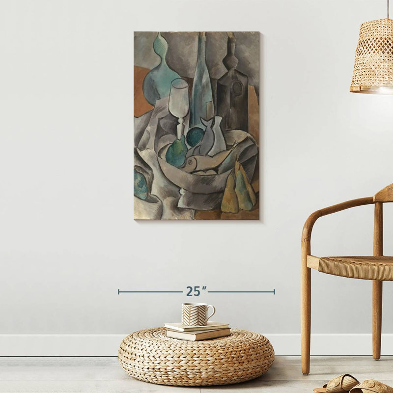 Nature morte avec poisson et bouteilles, H 30 po x l 20 po