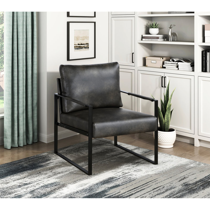 Chaise d'appoint de style industriel moderne en similicuir gris foncé et fauteuil en métal noir, Gris foncé