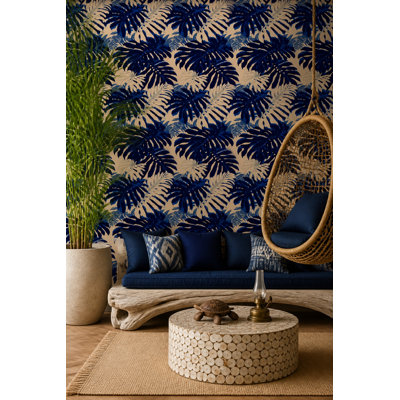 Navy Tropical Wallpaper Monstera Leaf Pattern