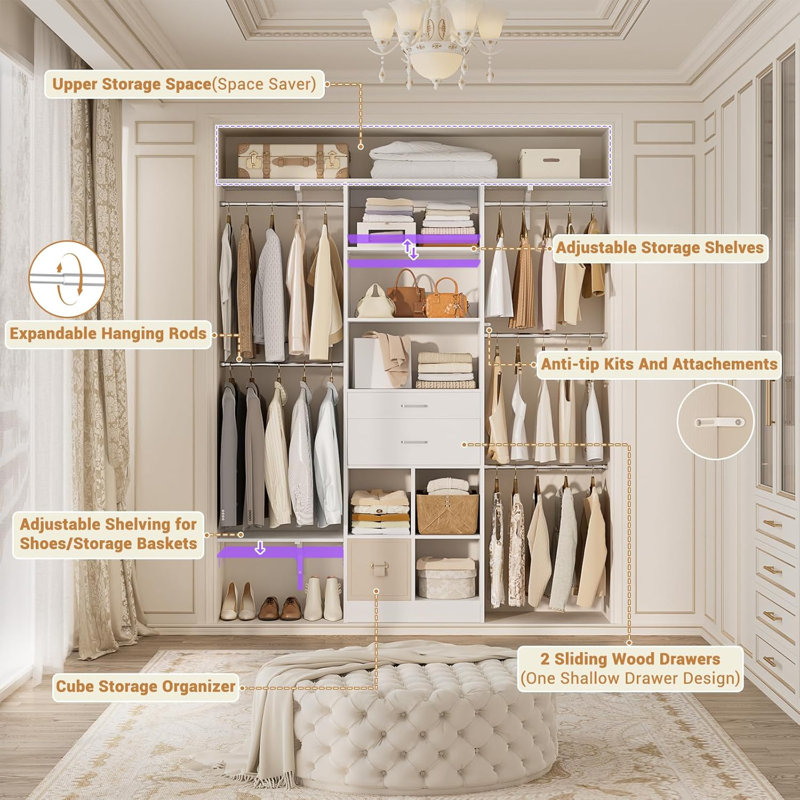 19'' - 60'' W Closet System with Wooden Drawers and Hanging Rods(Cut to Fit), White