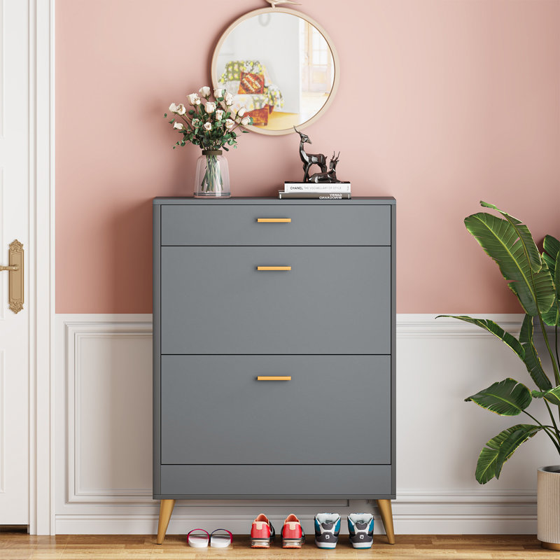 16 Pair Shoe Storage Cabinet, Grey/Gold