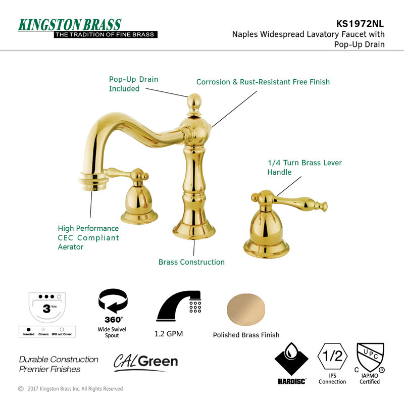Kingston Brass Heritage Two-Handle 3-Hole Deck Mount Widespread Bathroom Faucet with Brass Pop-Up Drain, Polished Brass