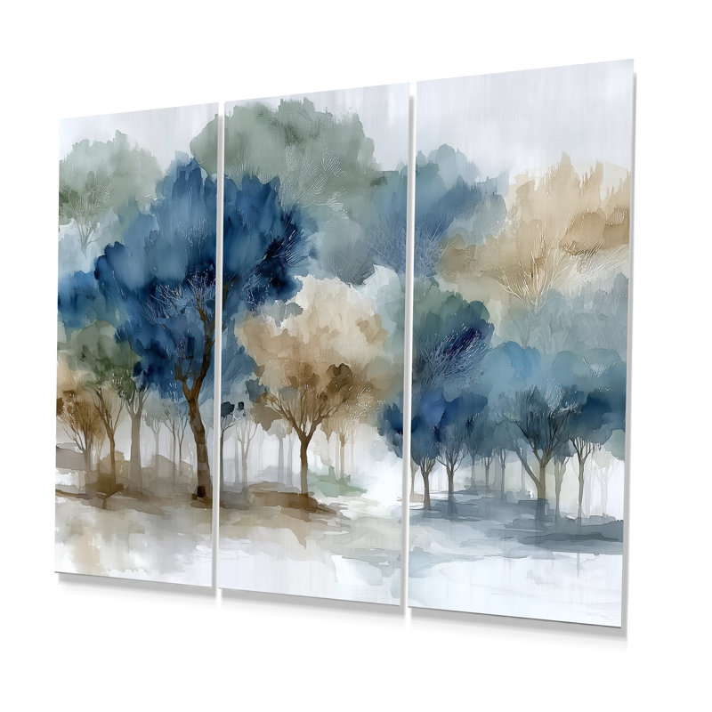 Bleu gris, aquarelle, érable, forêt, Canada, ensemble d'art mural érable, H 32 po x l 48 po, Frameless Metal Print