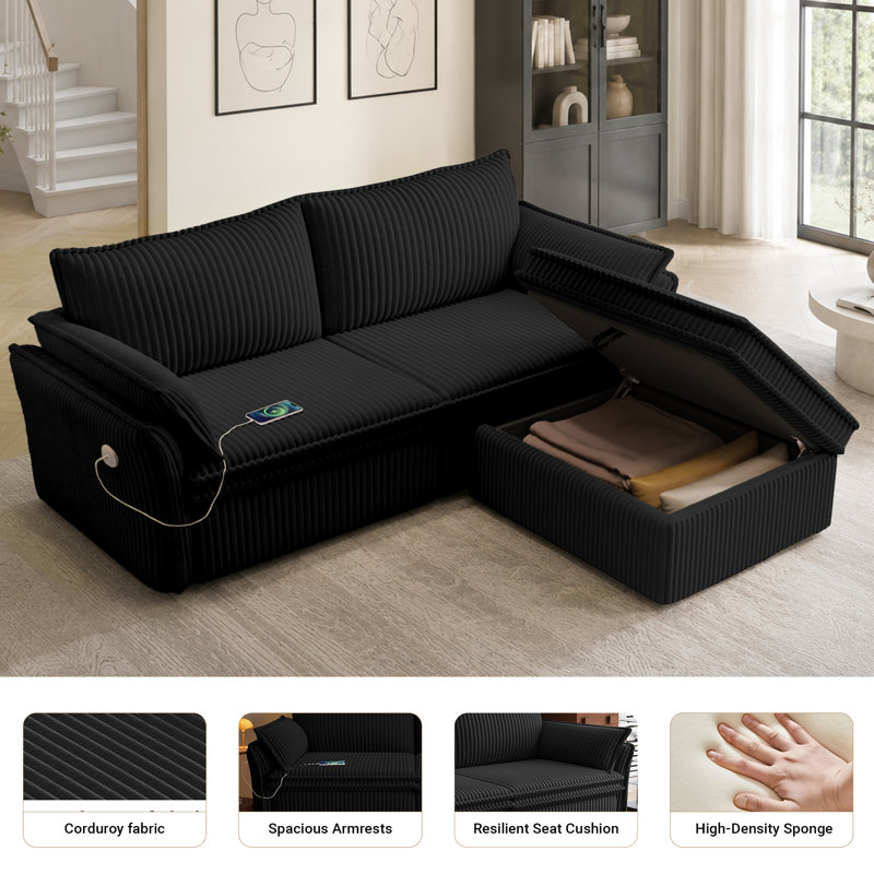 Canapé-lit 85 po Corduroy, Black