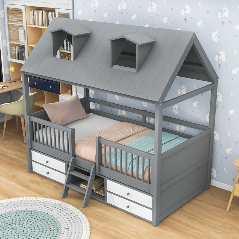 Wooden House Bed Frame With Charming Roof Skylights And Ample Storage, Gray, Twin