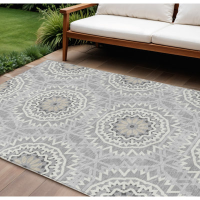 Tapis intérieur lavable à médaillon floral argenté et ivoire 9 pi x 12 pi