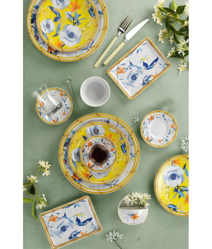Elegant Dinner Set, Includes 6 Service Plates (10.6 in), 6 Deep Plates (8.3 in), 6 Cake Serving Plates (8.3 in), 6 Bowls (5.1 in), 6 Glass Tea Cups, 6 Saucer Plates, 6 Teaspoons, 4 Sauce Bowls (3.9 in), Perfect for Family Gatherings & Special Occasions
