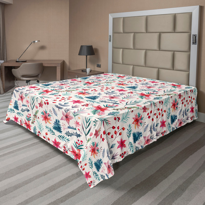 Drap plat moderne de style bohème Ambesonne, Drap plat grand, Rose vif / motif floral bleu pétrole pâle