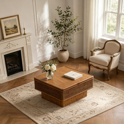 Square Rattan and Hemp Rope Coffee Table with Adjustable Storage