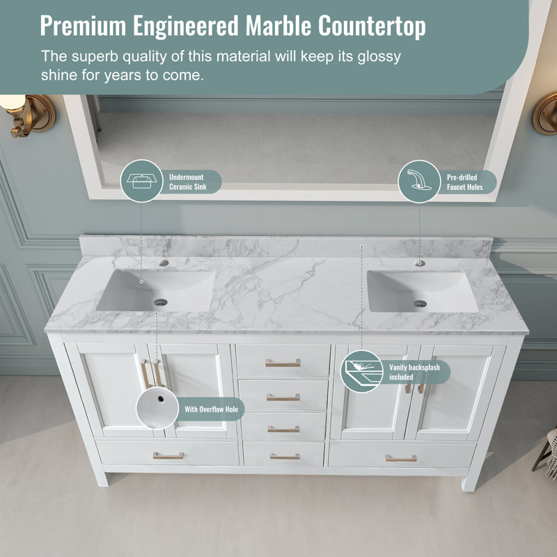 72" Double Freestanding Bathroom Vanity with Cultured Marble Top