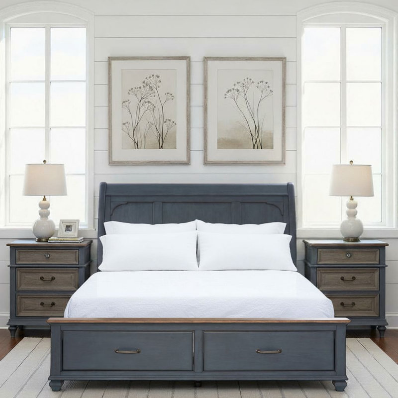 Wauneta Sleigh Bed With Storage Footboard, Corduroy Blue Finish, Queen