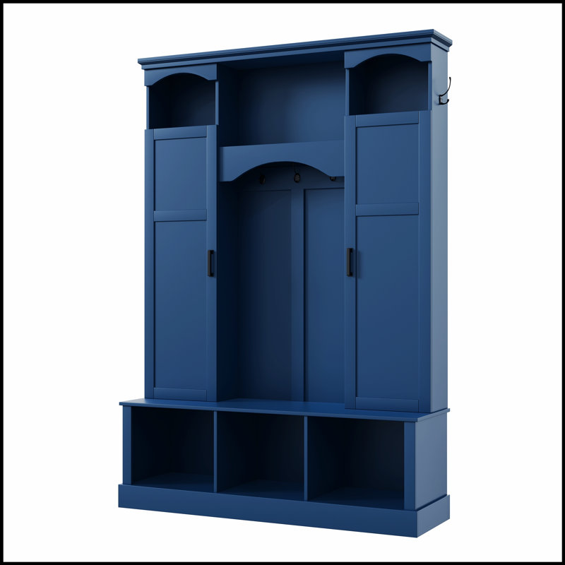 Portemanteau moderne tout-en-un avec tablettes réglables, banc de rangement de style campagnard arqué classique avec armoires latérales doubles, organisateur de hall d'entrée élégant avec 7 crochets pour vestibule, couloir