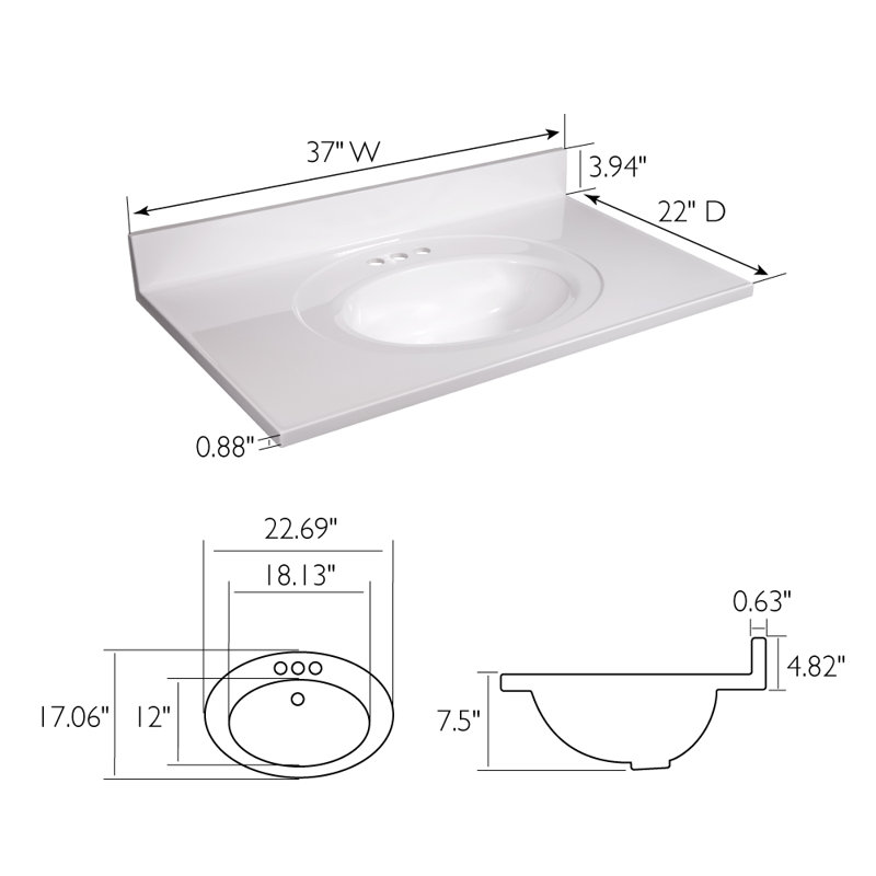 Meuble-lavabo en marbre de 37 po avec dosseret, ensemble amélioré, Blanc uni, 4" Centres