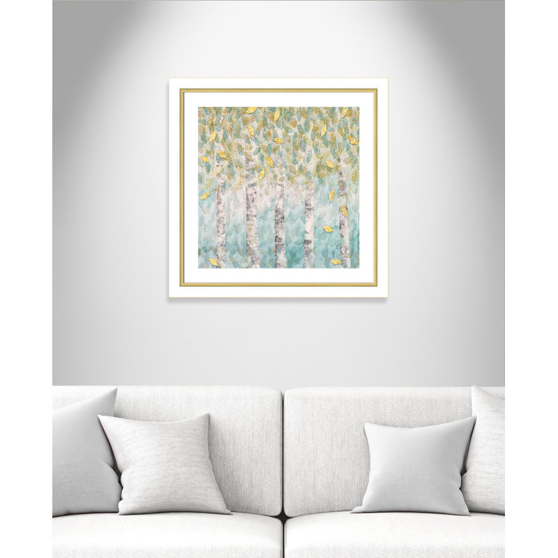 Bouleau aqua doux - peinture encadrée, Blanc/doré, H 29,75 po x l 29,75 po x P 1,125 po