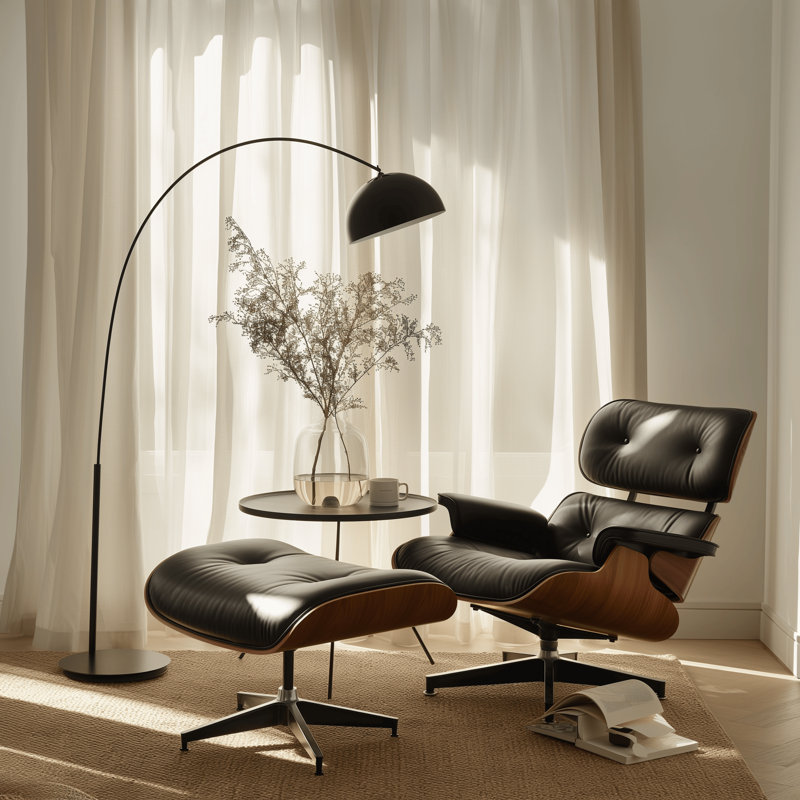 Top Grain Leather Swivel Lounge Chair And Ottoman With Armrest, Black Top Grain Leather, Brown Walnut