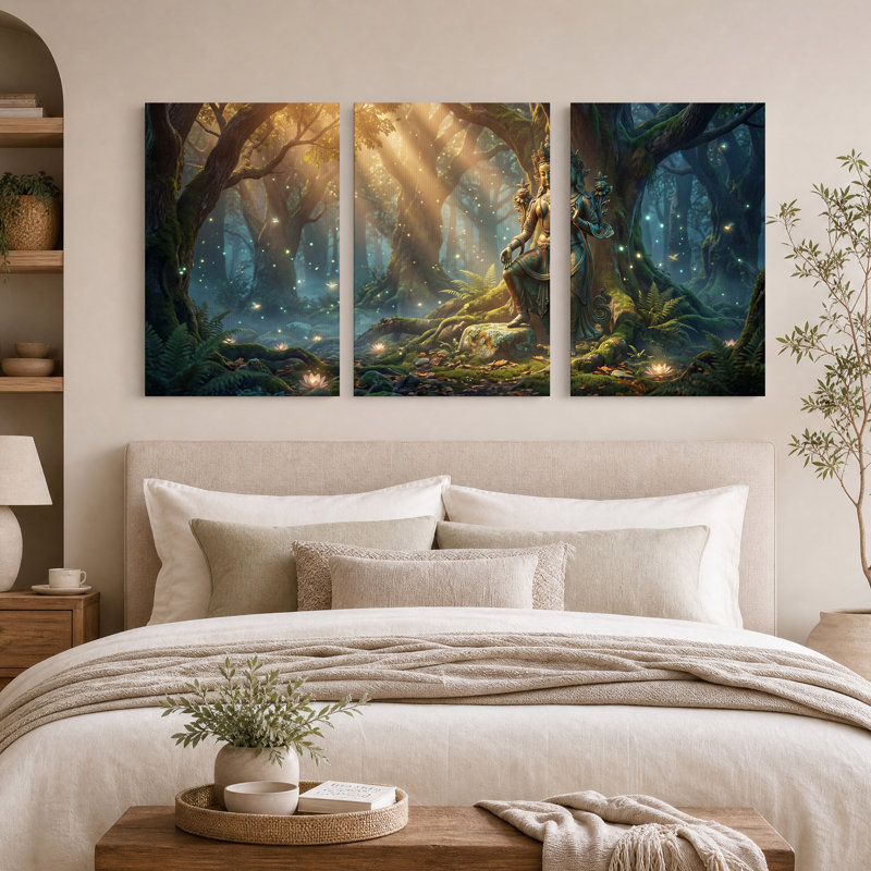 Statue de déesse en bronze dans une forêt lumineuse - Ensemble de 3 toiles murales, 36"H x 24"W x 3pcs