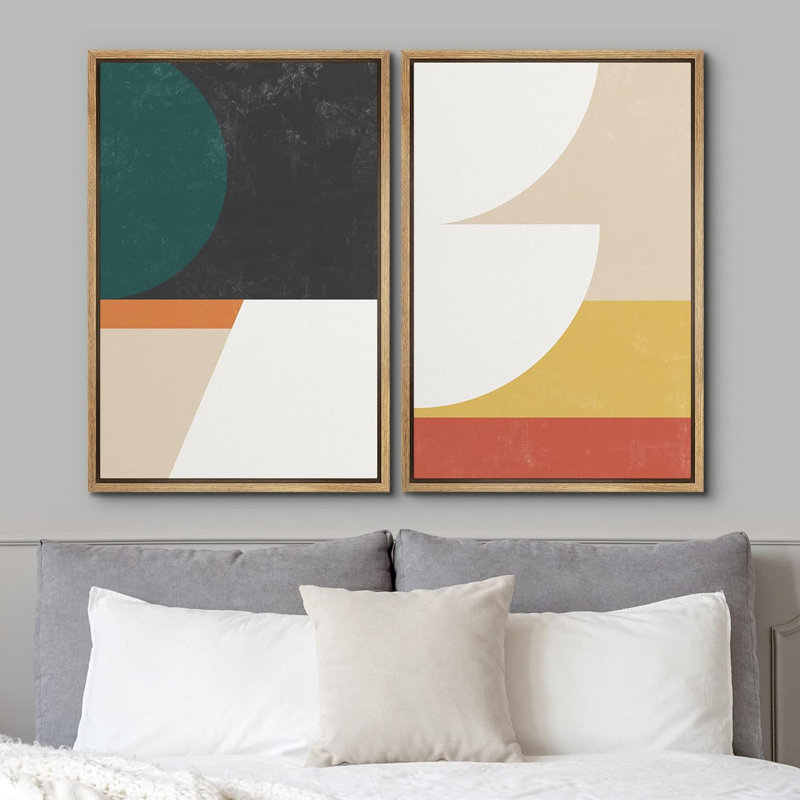 Mid Century Shape " Mid-Century Geometric Multicolor Block Abstract Shapes Modern " 2 - Pieces, 36" H x 48" W x 1.5" D