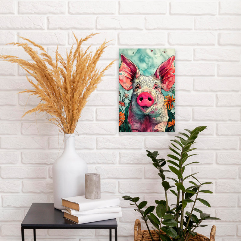 Art souriant, cochon souriant dans des fleurs, H 18 po x l 12 po