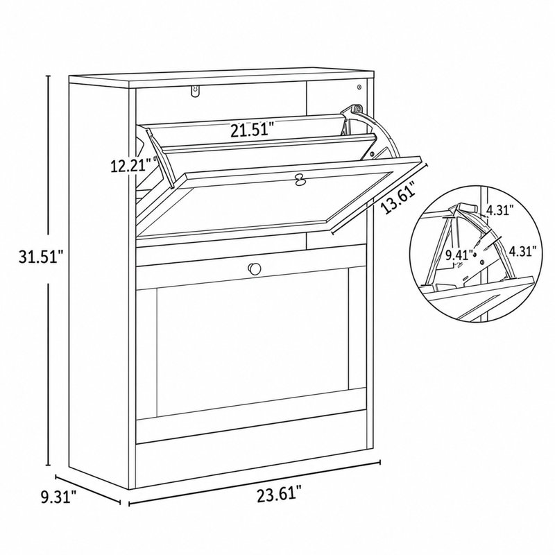 Design contemporain peu encombrant avec deux tiroirs rabattables et des tablettes réglables pour ranger vos chaussures et votre vestibule