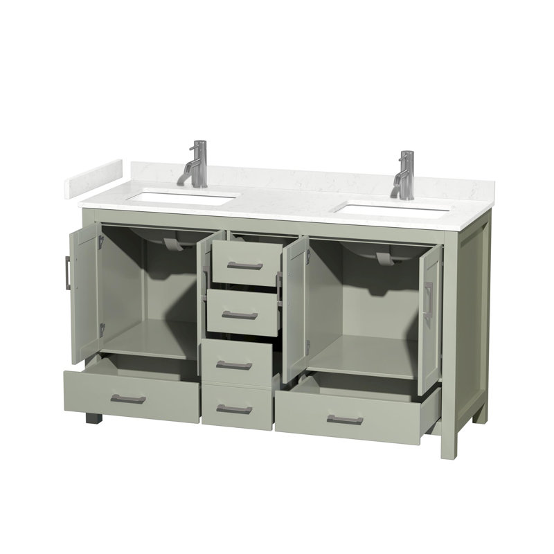 Sheffield 60" Freestanding Double Bathroom Vanity with Cultured Marble Top, Carrara Cultured Marble, Light Green