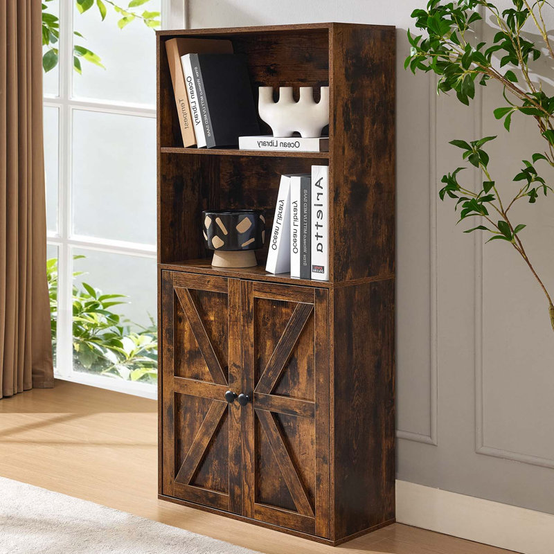 4-Tier Bookshelf With Door - Wooden Storage Bookcase, Display Cabinet For Home & Office, Brown, Brown