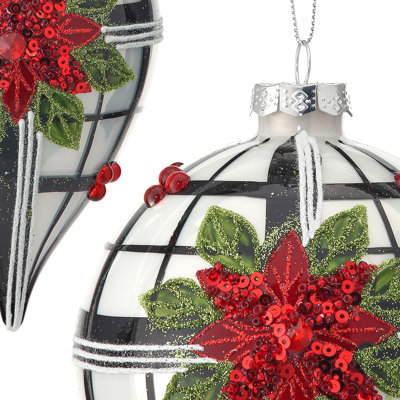 4-6" Glass Poinsettia Plaid Ball Finial Ornament