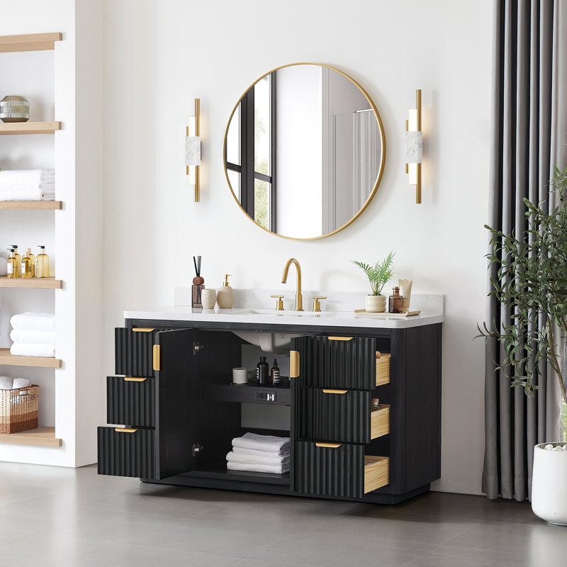Hesiod 60" Single Bathroom Vanity With Composite Stone Top And Mirror, Fir Wood Black