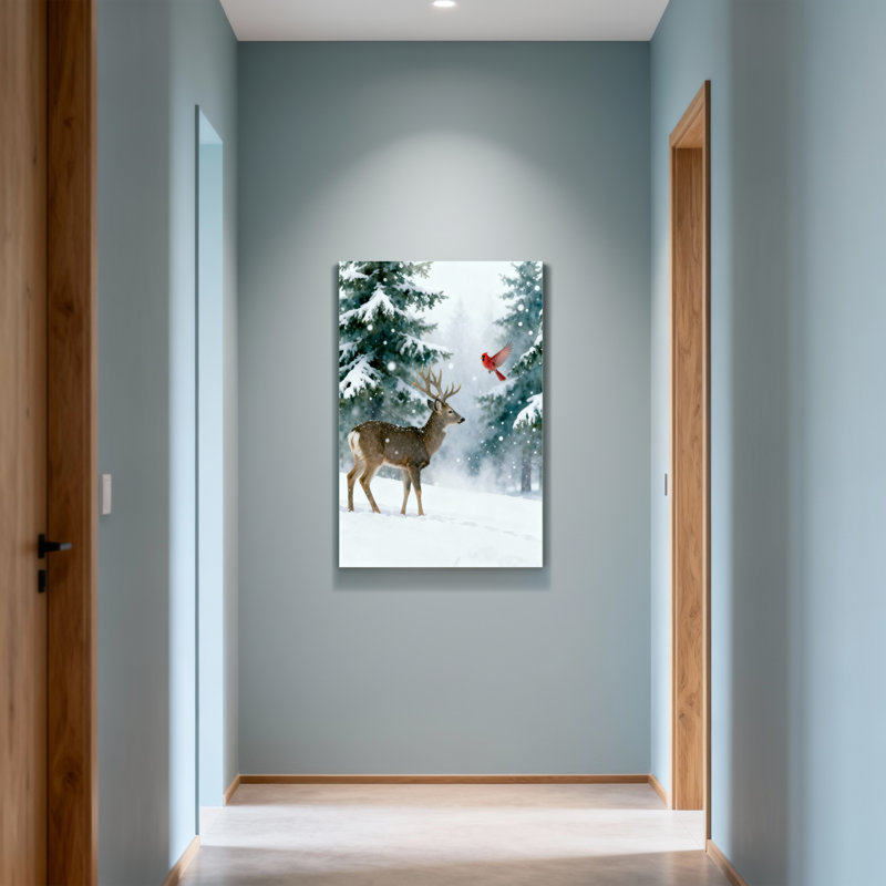 Animaux, hiver, cerf et oiseau rouge, H 18 po x l 12 po