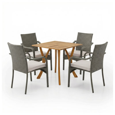 5-Piece Outdoor Dining Set with 31.5" Square Acacia Wood Table and 4 Cushioned Chairs, Teak Finish