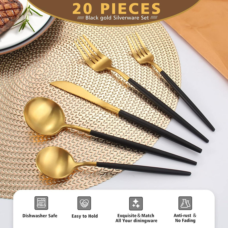Ensemble de couverts 20 pièces en acier inoxydable, ensemble de couverts pour 4, ustensiles de cuisine durables et lavables au lave-vaisselle