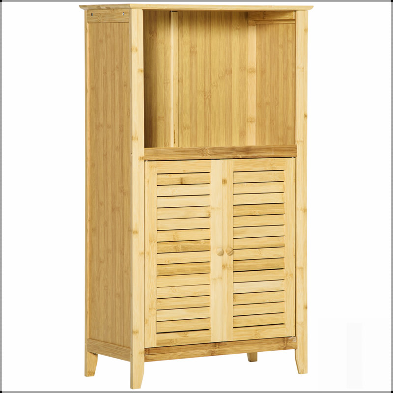 Armoire en bambou avec plusieurs tablettes et portes pour l'organisation de la salle de bain et du salon