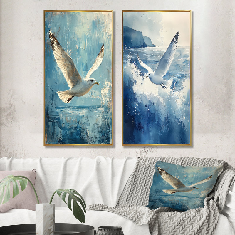 Mouette dans la brise I - animaux, art sur toile 2 panneaux, Cadre flottant doré, H 28 po x l 25 po