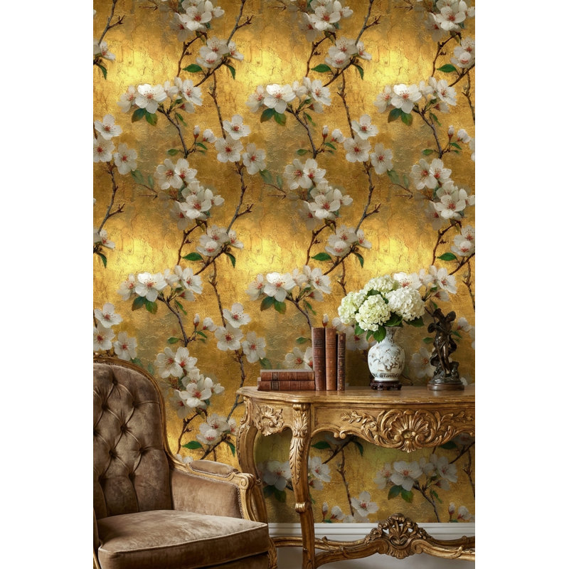 Papier peint floral double rouleau amovible doré