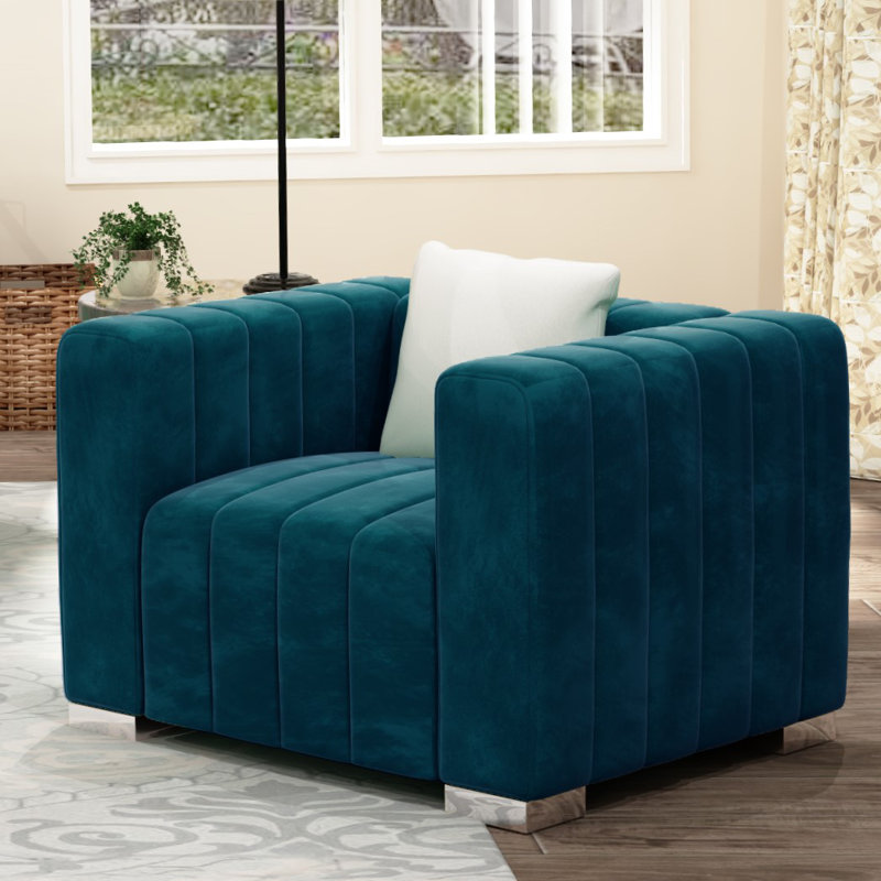 Fauteuil en velours 35,4 po Clifford, Argent argent, Bleu