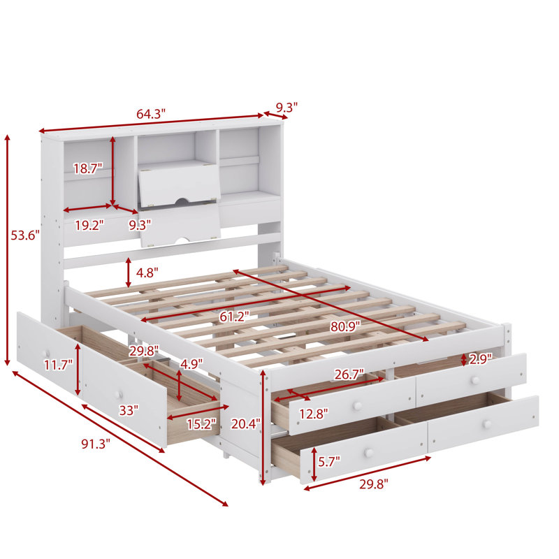 Platform Bed with Storage Headboard And 8 Drawers, Queen, White