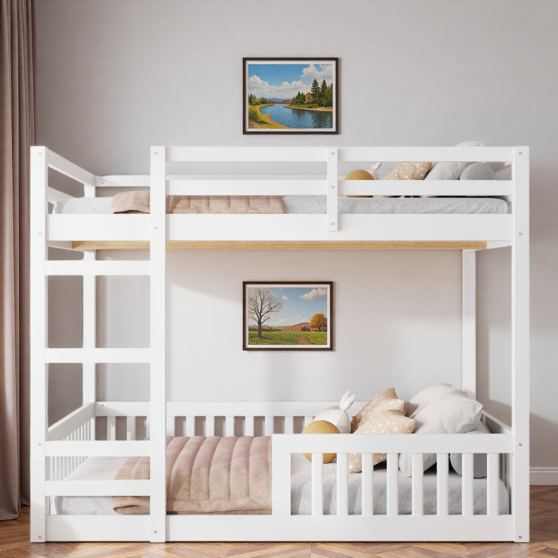 Wood Bunk Bed With Ladder And Guardrails, White