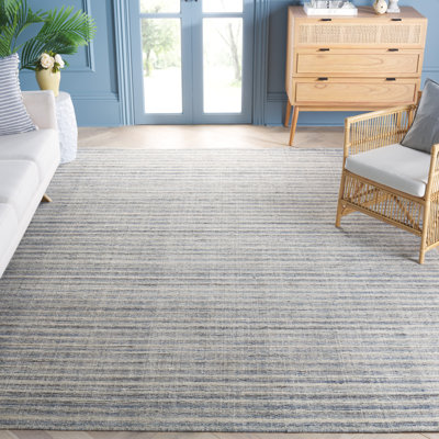 Tapis rayé en laine / viscose / coton tissé à la main Brileigh en ivoire / bleu