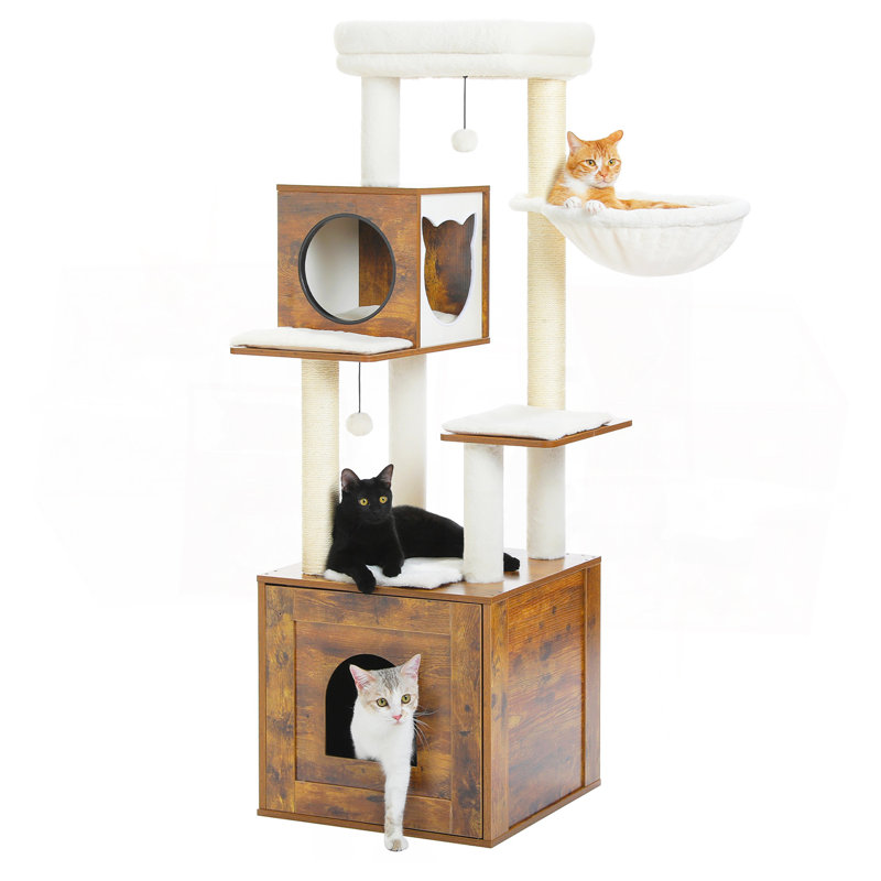 Tour à chat en bois beige Deluxe Condos, Brun, H 57,5 po x l 18,9 po x L 18,9 po
