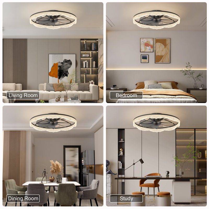 Ventilateur de plafond moderne en cristal noir avec lumière et télécommande, température de couleur réglable